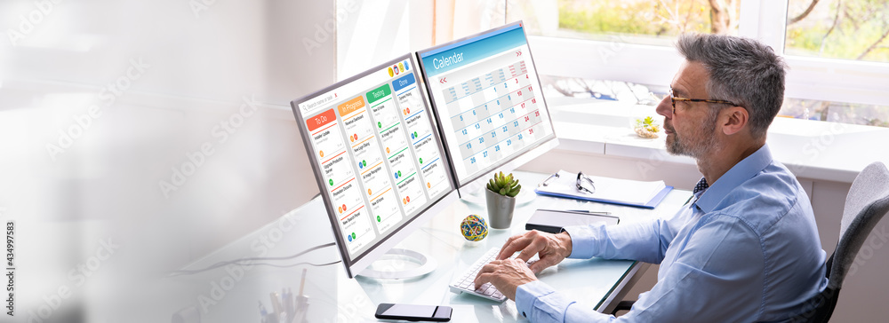 Poster Gantt Tasks Schedule Chart On Computer