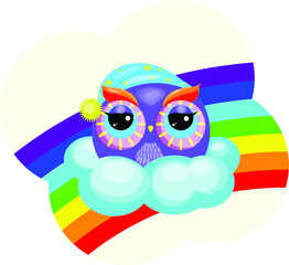 sleepy owl with rainbow drawing for kids