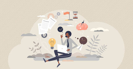 Creative process and innovative idea project thinking tiny person concept. Research and new work planning with brainstorming, solution finding and creativity vector illustration. Mind imagination job.