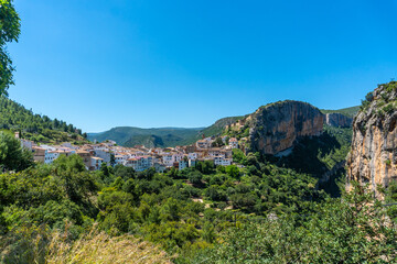 View of the beautiful town of Chulilla and its famous canyon in the mountains of the Valencian...
