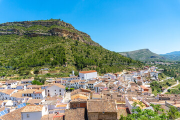 View of the town from the castle of the town of Chulilla in the mountains of the Valencian...