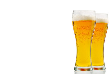 Fresh cold Beer glass isolated on white. gold beer bavaria oktoberfest with foam crown. pint of light lager beer on white background. Craft Beer close up