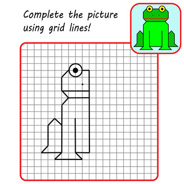 Educational game for kids. Simple exercise Frog. Drawing using grid. Symmetrical drawing. Vector illustration.