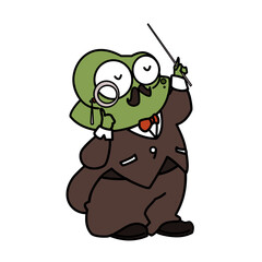 A green gentleman frog singing  a song clip art cartoon with black ouline flat vector illustration isolated on white background. Frog singing in rainy season happily