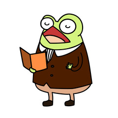 A green gentleman frog singing  a song clip art cartoon with black ouline flat vector illustration isolated on white background. Frog singing in rainy season happily