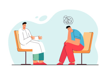 Psychotherapeutic session flat vector illustration. Man attending psychotherapist, sorting out his problems and psychological trauma. Mental treatment, psychotherapeutics, medicine help concept