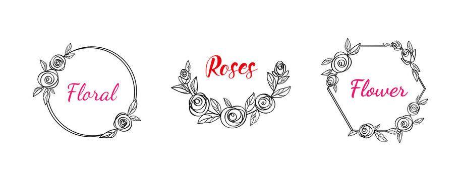 Set of floral monograms in form of frame. Round and polygonal floral frame made of rose flowers and leaves. For cutting SVG files on plotter. Frames for decorating the names of newlyweds at wedding
