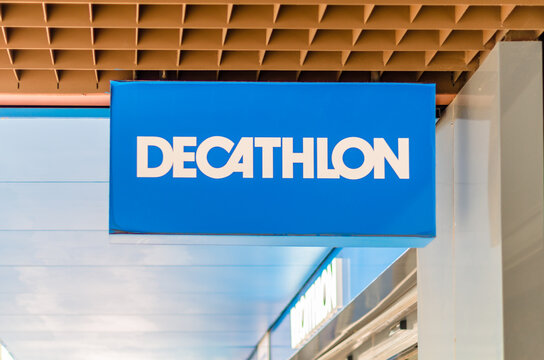 MADRID, SPAIN – MAY 12, 2021: Decathlon logo on the facade of a store in Madrid, Spain. Decathlon is a French company, the largest sporting goods retailer in the world.