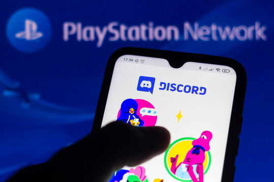 May 21, 2021, Brazil. In This Photo Illustration The Discord Logo App Seen Displayed On A Smartphone Screen With The Logo Of PlayStation Network (PSN) In The Background.