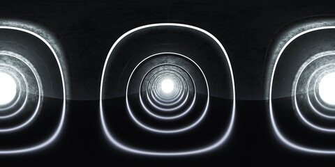 360 degree panorama of abstract futuristic dark tunnel hangar hallway 3d render illustration