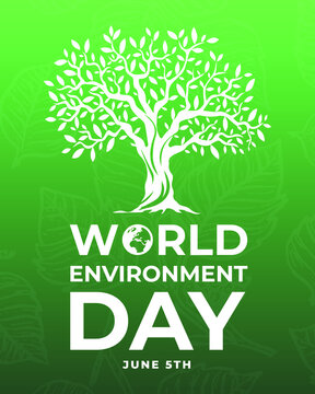 world environment day June 5th  modern creative banner, sign, design concept, social media template  with white text and tree icon  on a green abstract background 