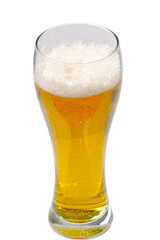 Fresh cold Beer glass isolated on white. gold beer bavaria oktoberfest with foam crown. pint of light lager beer on white background. Craft Beer close up