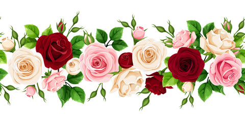 Vector horizontal seamless border with red, pink and white roses and green leaves on a white background.