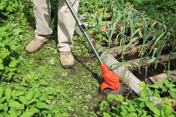 Man mow path next to garden bed using electric trimmer, on sunny day