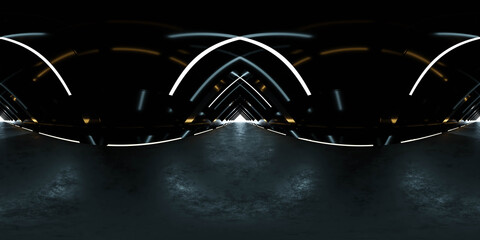 full 360 panorama view of dark futuristic abstract tunnel building interior studio 3d render illustration hdri hdr vr style