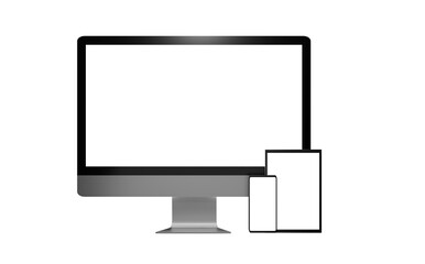 Computer, phone and tablet with blank display isolated on white. Content placement concept.