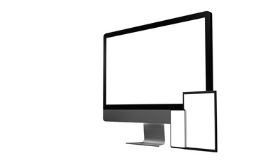 Computer, phone and tablet with blank display isolated on white. Content placement concept.