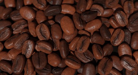 Top view of the coffee beans. Concept of roasting coffee, drinking and enjoying coffee.