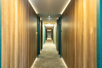 Carpeted corridor hallway interior with wooden walls