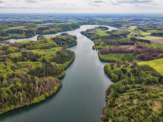 Aerial view of the Bevertalsperre (Beaver-Dam) in the Bergisches Land near Hueckeswagen in Germany.