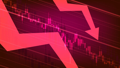 Stocks fall. Candle stick graph chart of stock market investment trading. Bullish point, down trend of graph. Futuristic red signal trend drop down arrow chart. © Windawake