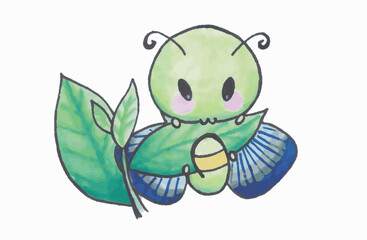 Cute and Funny Watercolor Dragonfly/Butterfly Gnawing and Eating Leaf