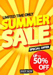 Summer Sale up to 50% off, discount banner design template, promotion poster, season offer tag, vector illustration