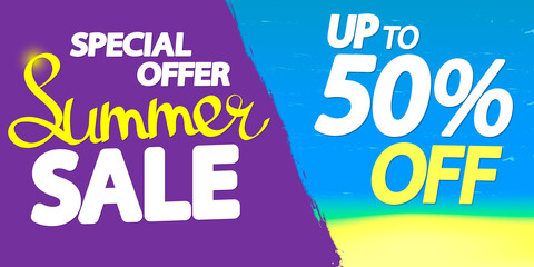 Summer Sale up to 50% off, discount banner design template, promotion poster, season offer tag, vector illustration