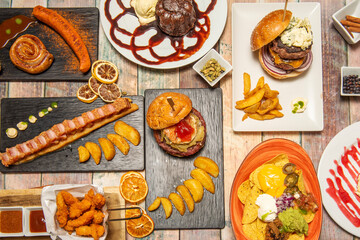 Top view of dishes from different countries and hamburgers