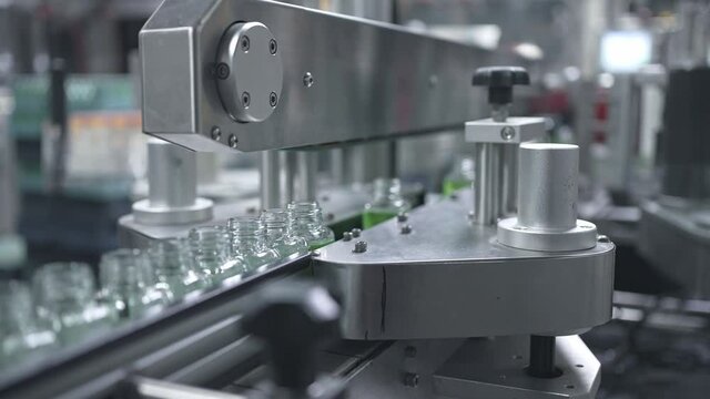 Juice bottling plant. Glass bottles on conveyor belt in beverage factory. Robotic automation line. packaging warehouse, processing facility.