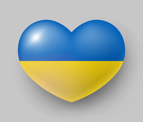 Heart shaped glossy national flag of Ukraine. European country national flag button, Ukrainian symbol in patriotic colors realistic vector illustration on gray background
