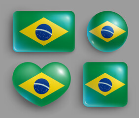 Set of glossy buttons with Brasil country flag. South America country national flag, shiny geometric shape badges. Brasil symbols in patriotic colors realistic vector illustration