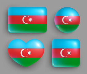 Set of glossy buttons with Azerbaijan country flag. Western Asia country national flag, shiny geometric shape badges. Azerbaijan symbols in patriotic colors realistic vector illustration