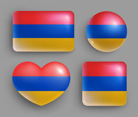 Set of glossy buttons with Armenia country flag. Western Asia country national flag, shiny geometric shape badges. Armenia symbols in patriotic colors realistic vector illustration