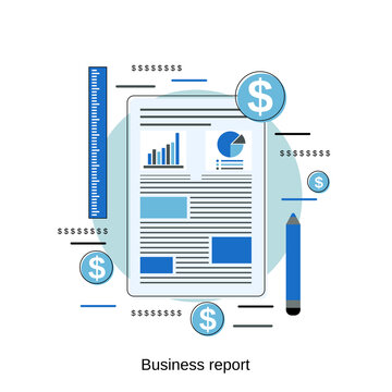 Business report, financial audit, presentation, data management flat design style vector concept illustration