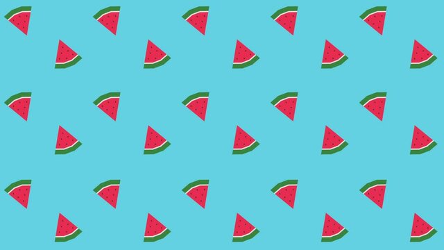 4K 3D render clip. Cute water melon slices swing . Isolated on blue screen.