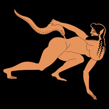 Ancient Greek satyr with long tail. Vase painting style. Isolated vector illustration. On black background.