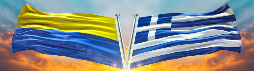 Ukraine flag and Greece Flag waving with texture sky Cloud and sunset Double Flag  