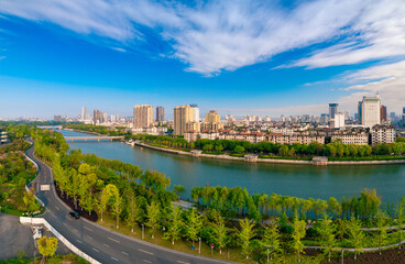 Urban environment at the intersection of Jinhua River，Yangjiang River and Wuyi River, Jinhua City, Zhejiang Province, China