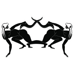 Symmetrical design or frame with two ancient Greek satyrs with long tails. Vase painting style. Black and white negative silhouette.