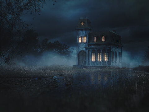 Eerie Haunted Mansion in a swamp at night. 3D Rendering, illustration