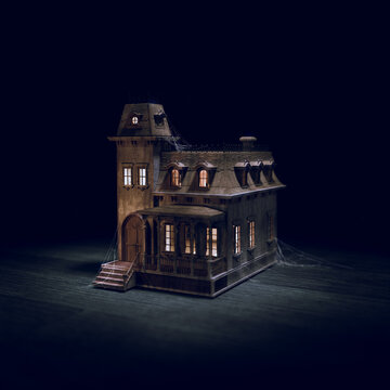 high contrast image of an old scary wooden doll house. 3D Rendering, illustration