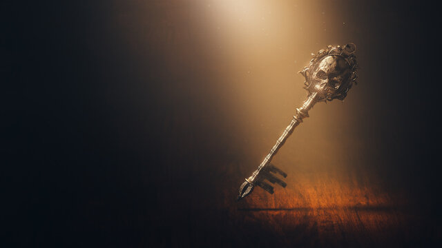  3d Rendering, illustration of a skeleton shaped old golden key on a dark background. afterlife concept.