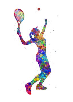 Tennis player girl sport watercolor art, abstract painting. sport art print, watercolor illustration rainbow, colorful, decoration wall art.