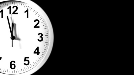 Close-up of a  modern fashioned white Wall Clock with numerals on the clock face. Clock with white frame on a black background. Pointers showing the time.  front view of the Watch out of center