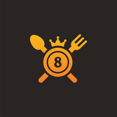 Initial Number 8 King food Logo Design Template. Illustration vector graphic. Design concept fork,spoon and crown With number symbol. Perfect for  cafe, restaurant, cooking business