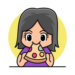 Cute girl eating pizza cartoon illustration