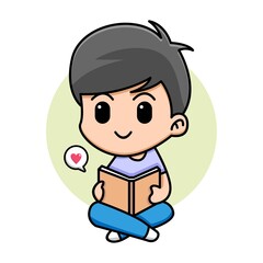 Cute boy reading book cartoon illustration