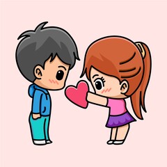 Cute girl give heart to her boyfriend cartoon illustration