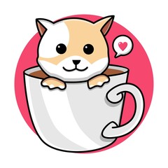 Cute cat in coffee cup cartoon illustration